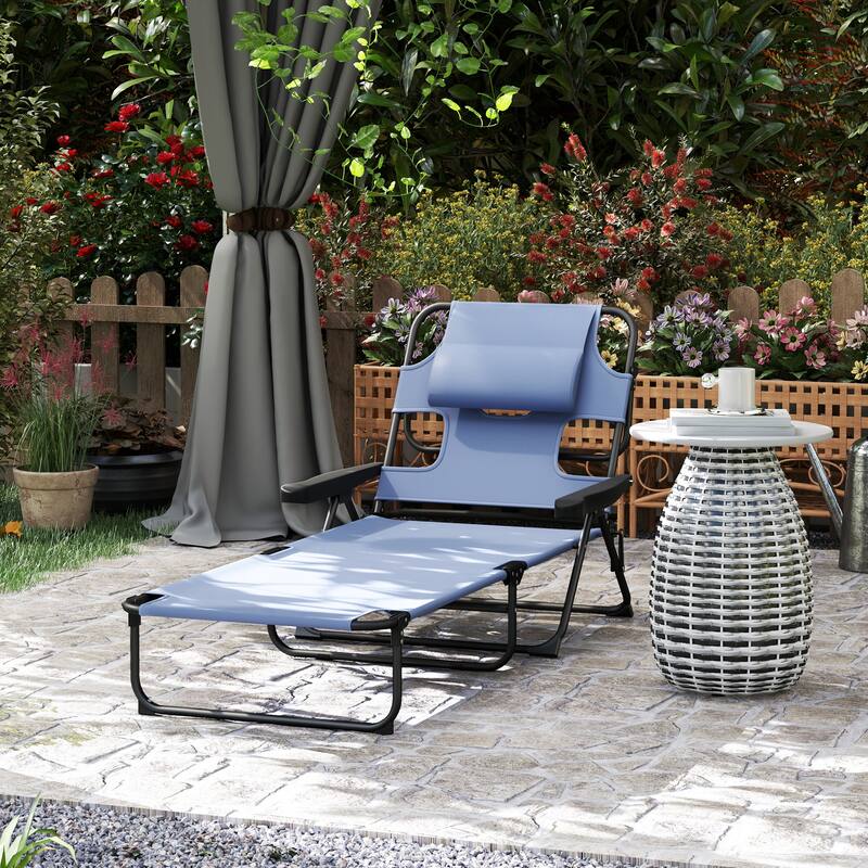 Outsunny Outdoor Chaise Lounge Chair with 4-level Reclining Back, Outdoor Tanning Chair with Reading Hole