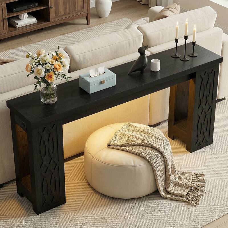 63" Farmhouse Console Table with RGB LED Lights ＆ Power Outlets, Unique Carved Design Entryway Table, Wooden Sofa Table