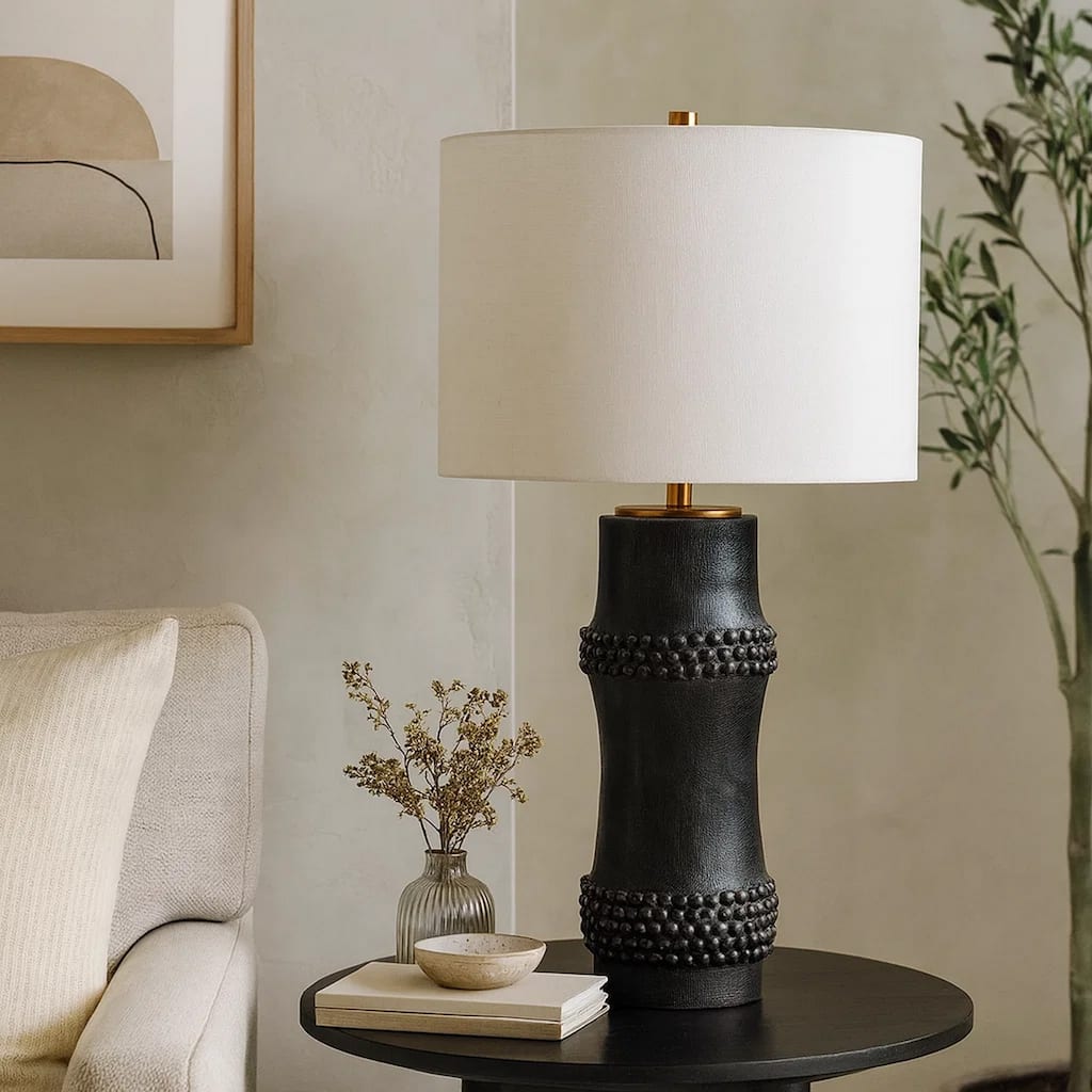 Lemy 28 Inch Table Lamp, White Linen Drum Shade, Dotted Black Base