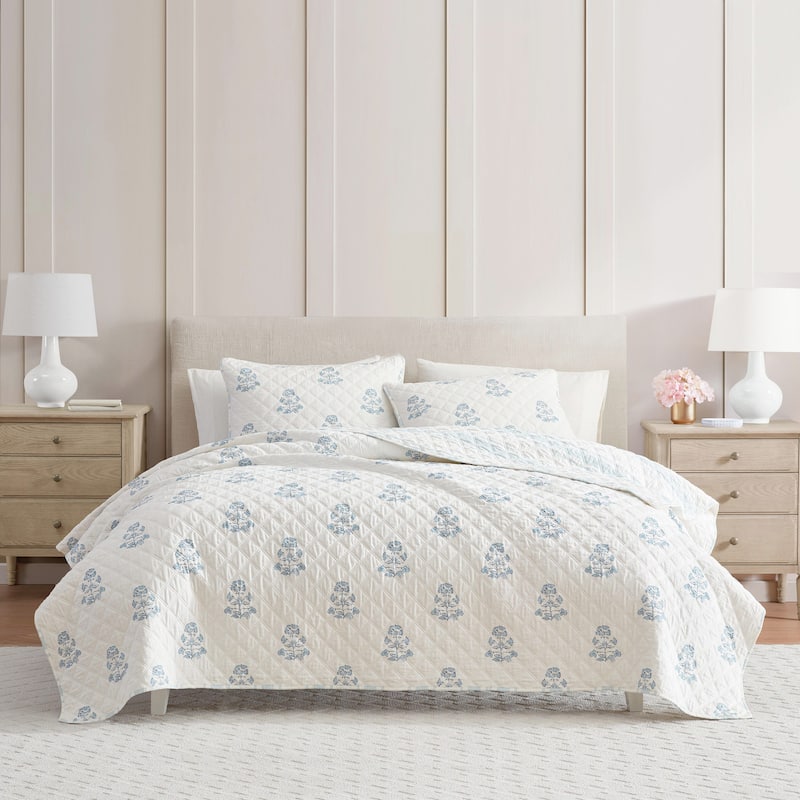 Martha Stewart Flower Block Print Cotton Reversible Blue Quilt Set