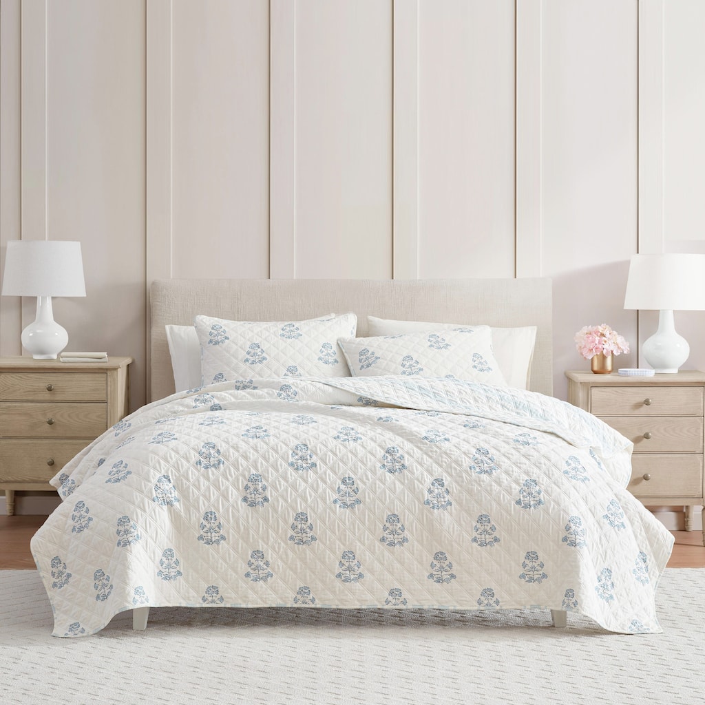 Martha Stewart Flower Block Print Cotton Reversible Blue Quilt Set
