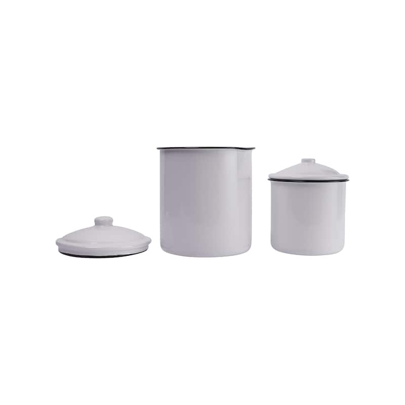 Set of 2 White Enameled Canisters with Lids