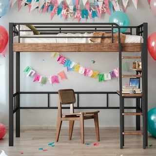 Metal Full Loft Bed with Desk, Shelf & Ladder, Black