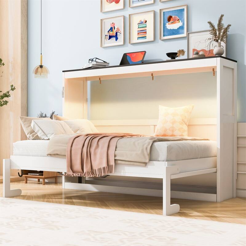 Twin Size Murphy Bed with LED Light, can be Folded into a Cabinet, Solid Wood Murphy Cabinet Bed,Space Saving Design - White