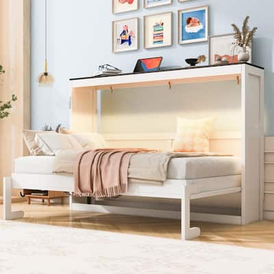 Twin Size Murphy Bed with LED Light, can be Folded into a Cabinet, Solid Wood Murphy Cabinet Bed,Space Saving Design