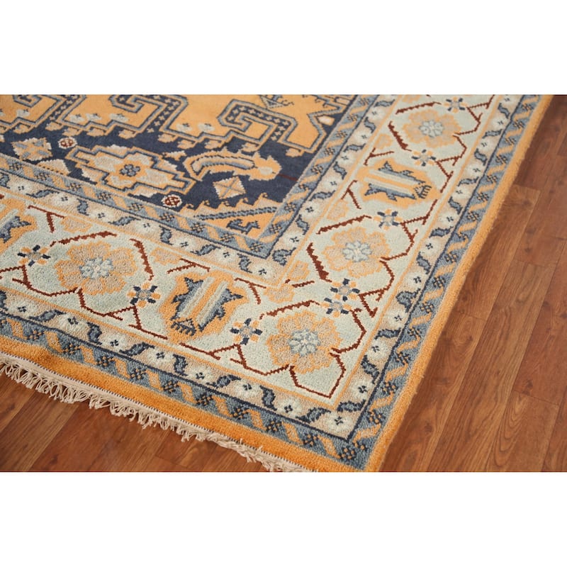 Geometric Viss Indian Area Rug Handmade Orange Wool Carpet - 8'10" x 12'1"