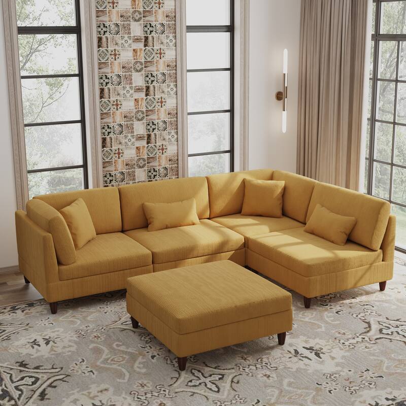 Corduroy Modular Sectional 5 Piece Sofa with Ottoman