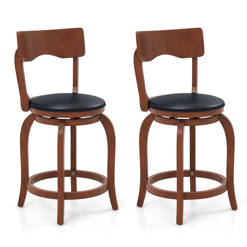 Gymax 24'' Swivel Bar Stools Set of 2 w/ Rubber Wood Frame Upholstered - Counter Height - Brown, Black - Set of 2