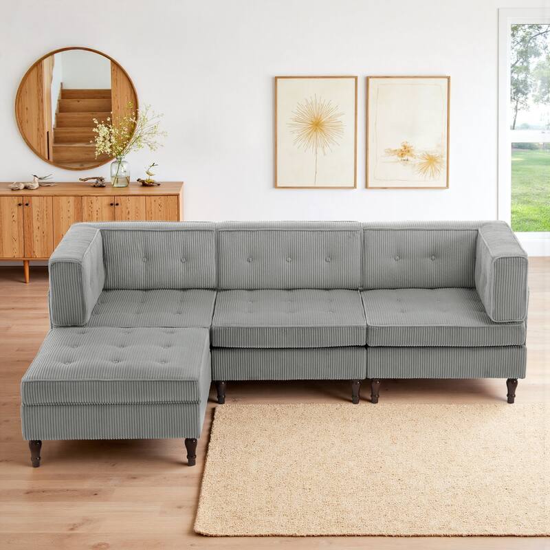 98" W Corduroy Modular Sectional Sofa with Storage Ottoman - Light Grey