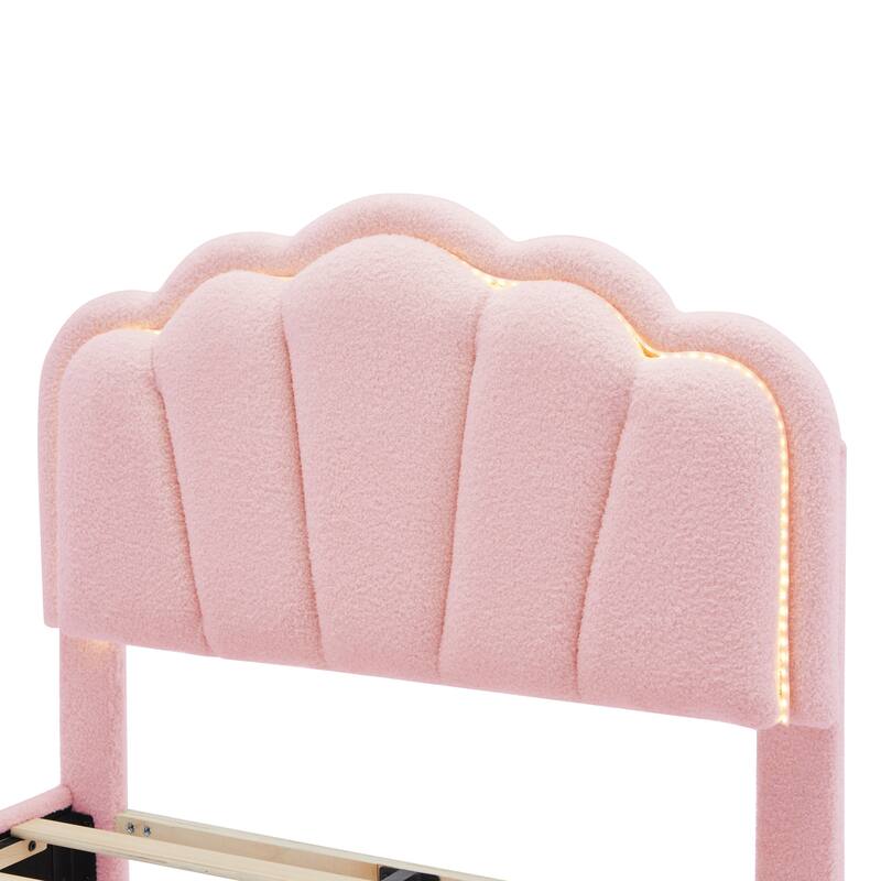 Twin Size Sherpa Fabric Upholstered Platform Bed with Elegant Flowers Headboard and Wooden Slats Support