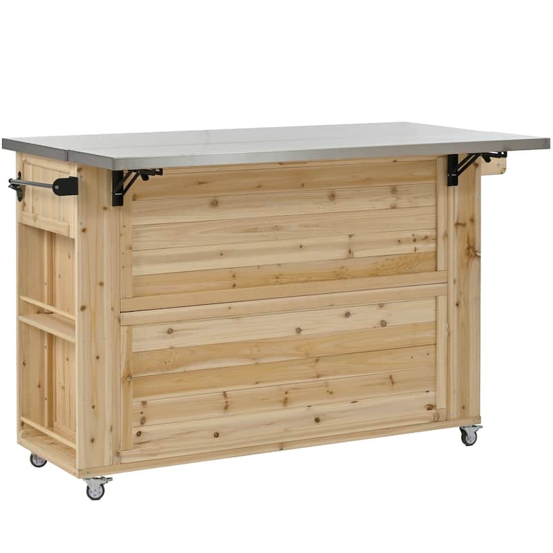 Outdoor Kitchen Island with Foldable Stainless Steel Top & Bottle Opener, Fir Wood Kitchen Island with Shelves and Towel Racks