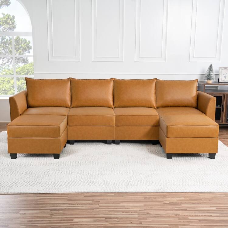Modern DIY Collection - Convertible Modular Sectional Sofa - Linen Sofa Couch for Living Room Apartment Office - 4-Seater with Double Ottoman, Caramel, Air Leather