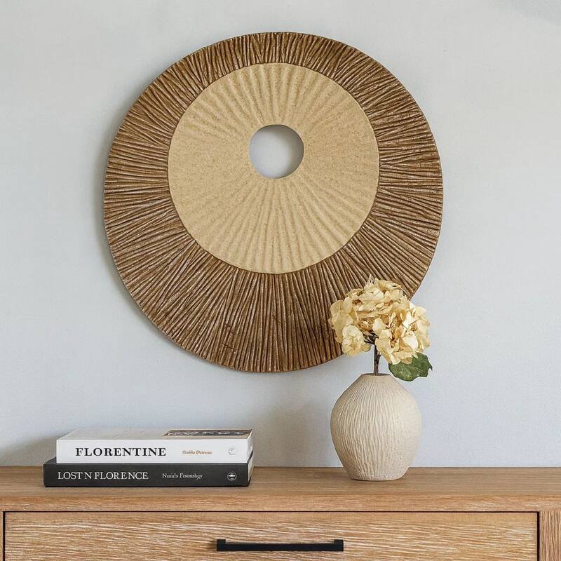 Round and Ribbed Double Layer Sandstone Wall Art, Set of 2, Large, Brown and Beige
