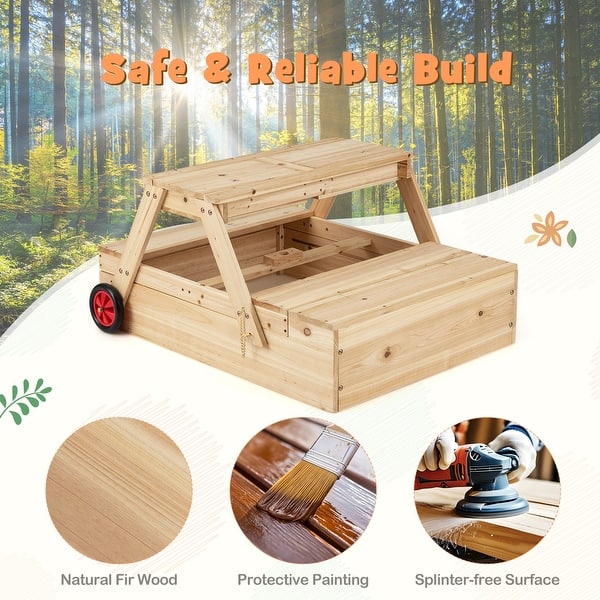 dimension image slide 0 of 2, Gymax 3-in-1 Wooden Sandbox w/Foldable Umbrella Convertible Picnic