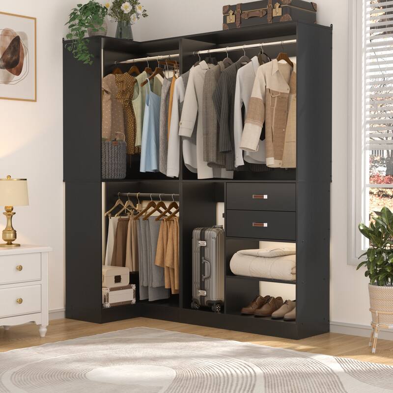 Vryon Set of 2 Corner Closet Organizer, 70.9'' W Closet System with Drawers and Hanging Rods - Suitcase Organizer - Black