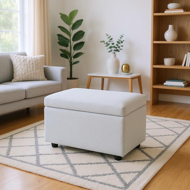 Fabric Storage Ottoman with Hidden Compartment - Light Grey - Linen-Textured