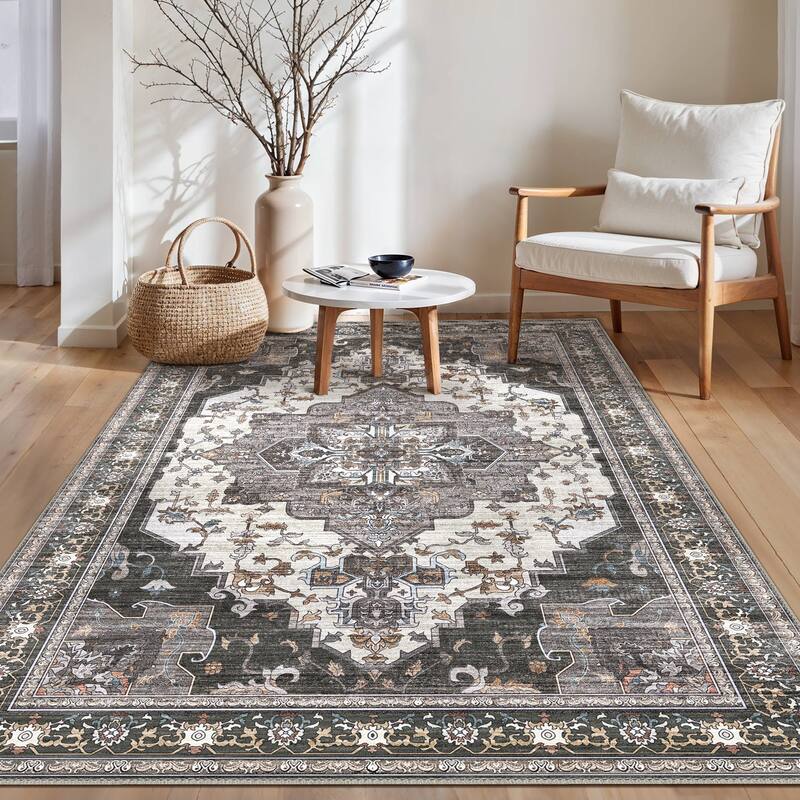Mcow Floral Dark Gray Low-Pile Machine-Washable Non-Slip Area Rug - Dark Grey - 2' x 7' - Runner