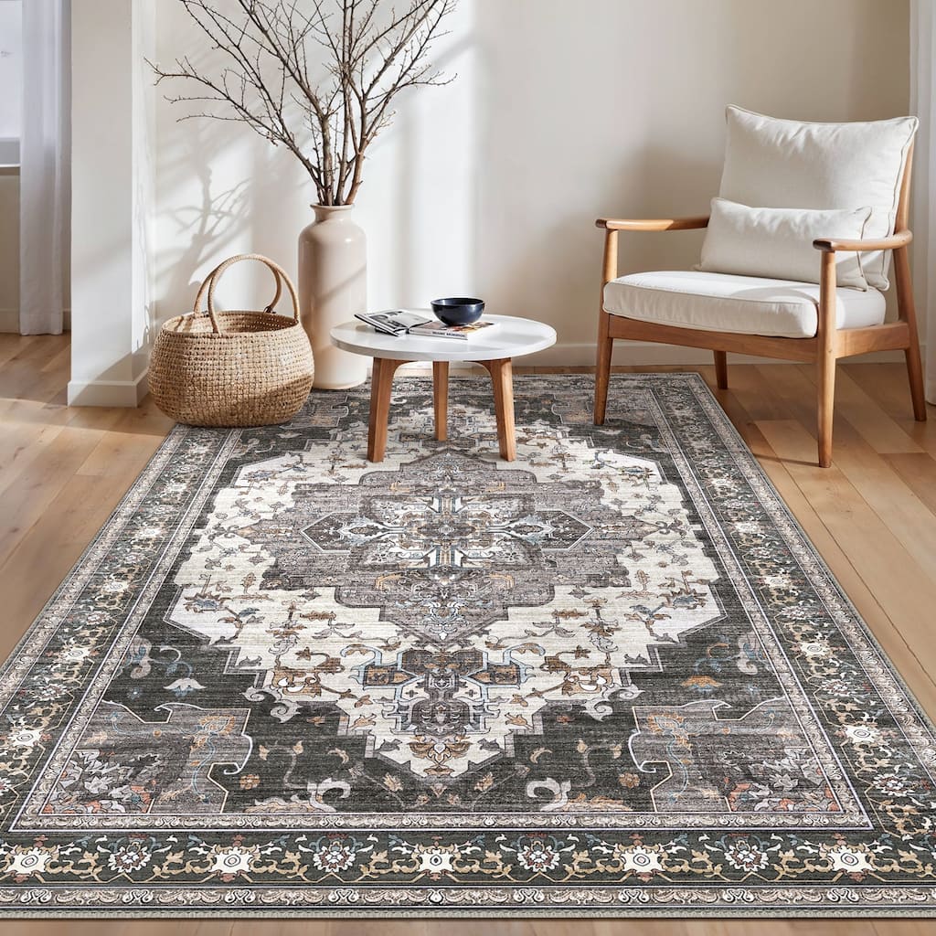 Mcow Floral Dark Gray Low-Pile Machine-Washable Non-Slip Area Rug