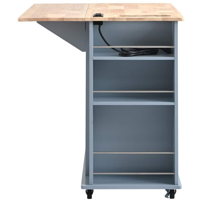 Kitchen Island with Power Outlet,Drop Leaf ,Open Storage and Wine Rack,5 Wheels