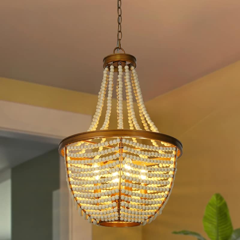 Luxury Empire Wood Beaded Chandeliers Boho Distressed White Vintage Glam Gold Decor Ceiling Lighting Bedroom - D 16.5'' x H 86''