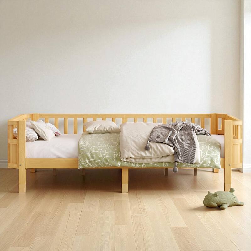 Wood Platform Bed with Guardrails & Detachable Fence, Twin/Full/Twin XL/Queen Size Kids Bed, Safety Design, No Box Spring