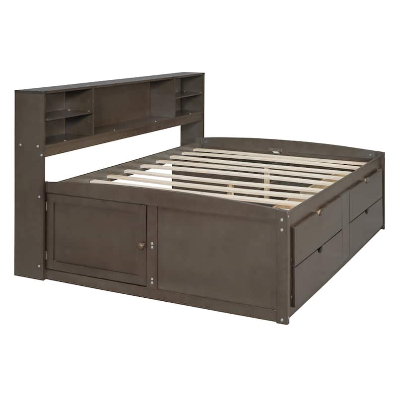 Full Size Wood Daybed with 2 Bedside Cabinets, Upper Shelves and 4 Drawers, Antique Brown