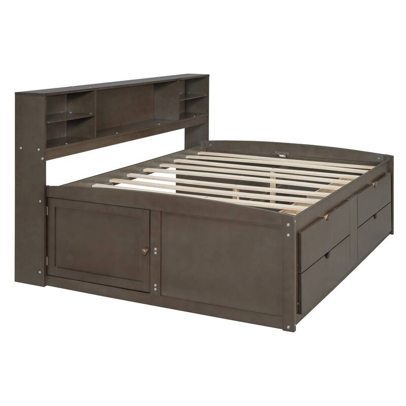 Full Size Wood Daybed with 2 Bedside Cabinets, Upper Shelves and 4 Drawers, White