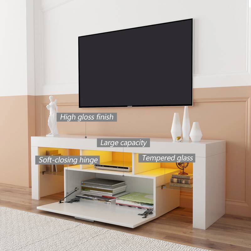 Modern 51-Inch TV Stand with 16-Color RGB LED Lights, Remote Control, and Storage Drawers for TVs up to 55 Inches.