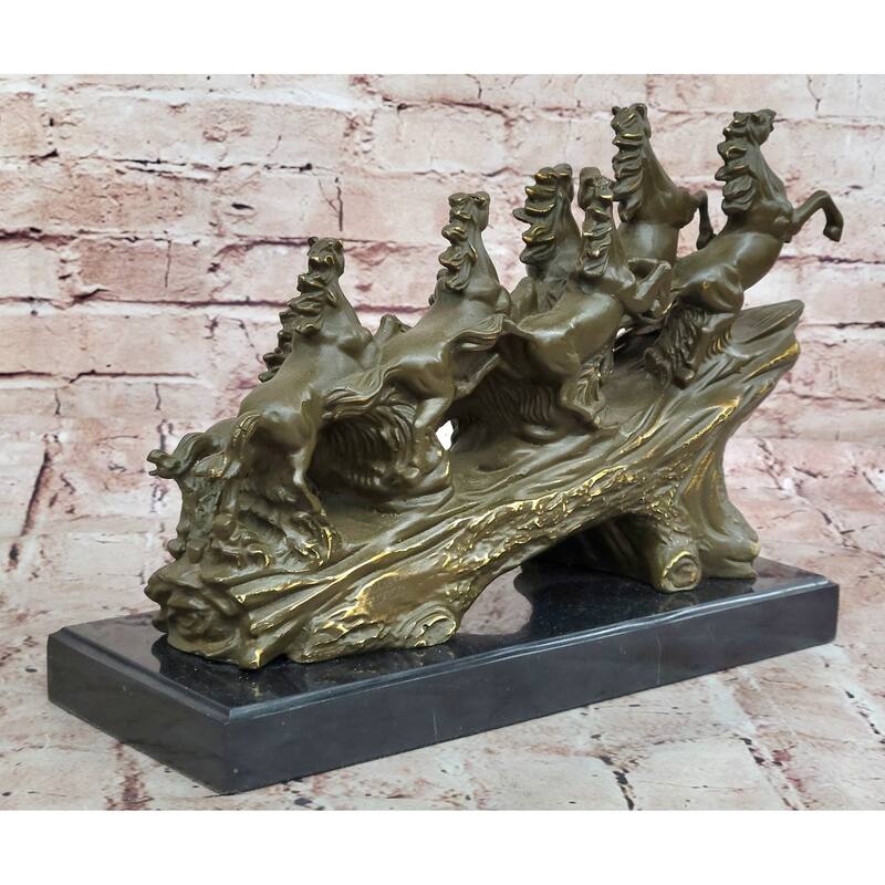 Eight Galloping Imitative Horses Bronze Sculpture On Marble Base Signed M. Lopez