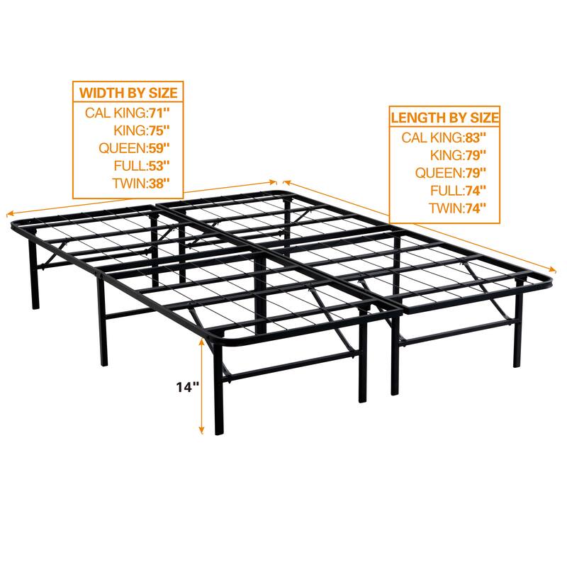 Queen Metal Platform Folding Bed Frame 14" High Queen Size Box Spring Replacement Heavy Duty Steel Slat, for Bedroom Apartment