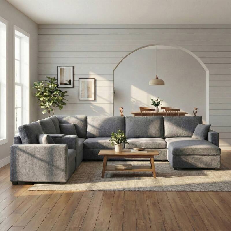 Modern 5-Seat Modular U-Shaped Sectional Sofa with Chaise, Storage Drawer, Built-In Cup Holders and Throw Pillows