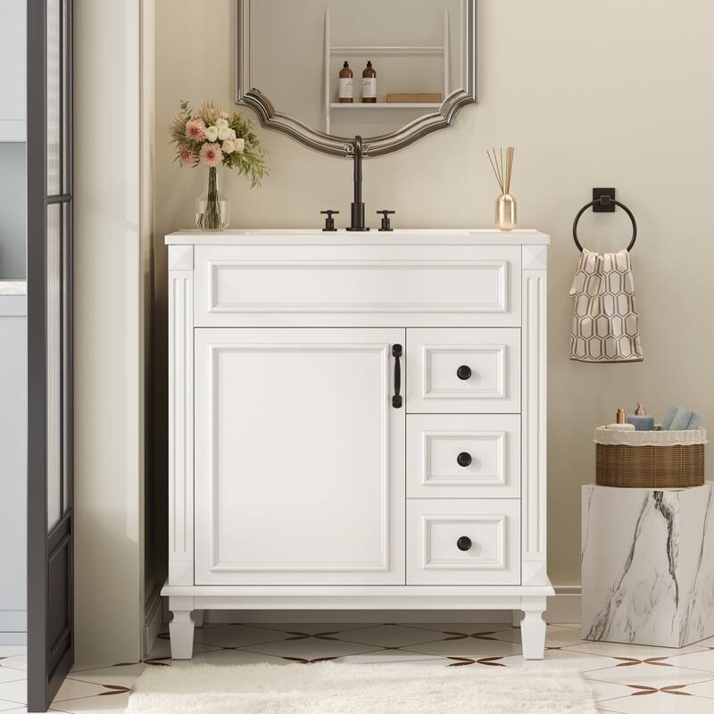 30" Modern Bathroom Vanity with Ceramic Sink - Small Space Cabinet with 2 Soft-Close Drawers & Adjustable Shelf - White - Left Door+Right Drawer