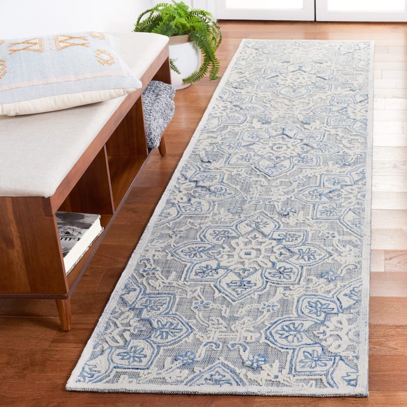 SAFAVIEH Handmade Trace Katina Floral Wool Rug - 2'3" x 9' Runner - Blue/Ivory