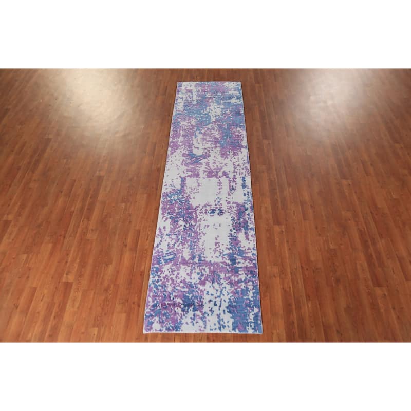 Contemporary Abstract Oriental Runner Rug Handmade Purple Wool Carpet - 2'6"x 9'3"