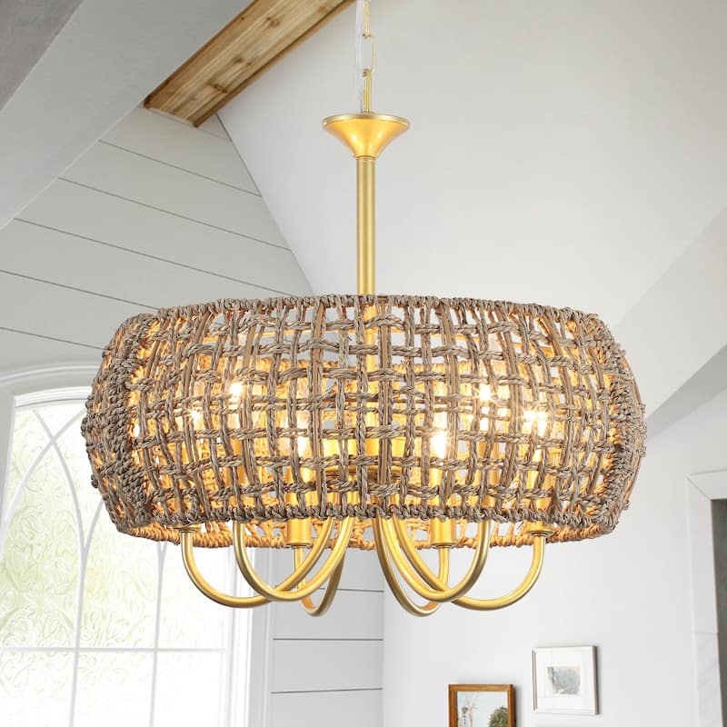 18.11inch Bohemian 6 lights adjustable height With Hand-Woven Rattan Lampshade for different rooms - Gold+Brown