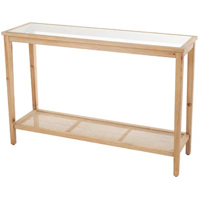 Wood Slim Natural 1 Shelf Console Table with Glass Top and Rattan Shelf - Brown - Roche River Decor - 14"Wx47"Lx32"H