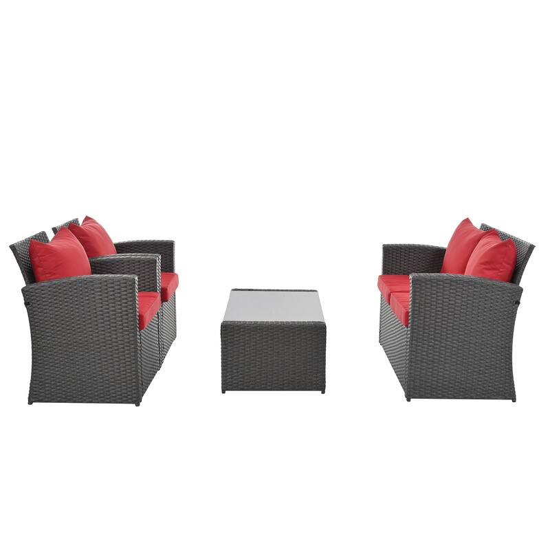GDFStudio - 4-Piece Outdoor Patio Furniture Set with PE Wicker & Tempered Glass Table
