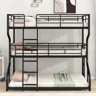 Full XL over Twin XL over Queen Size Triple Bunk Bed,Long and Short Ladder on Each Side