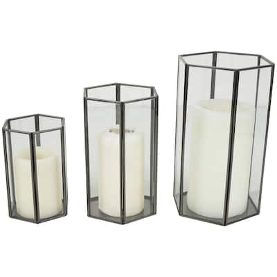 Metal Geometric Hexagon Shaped Candle Lantern with Clear Glass - Set of 3 Clear - CosmoLiving by Cosmopolitan