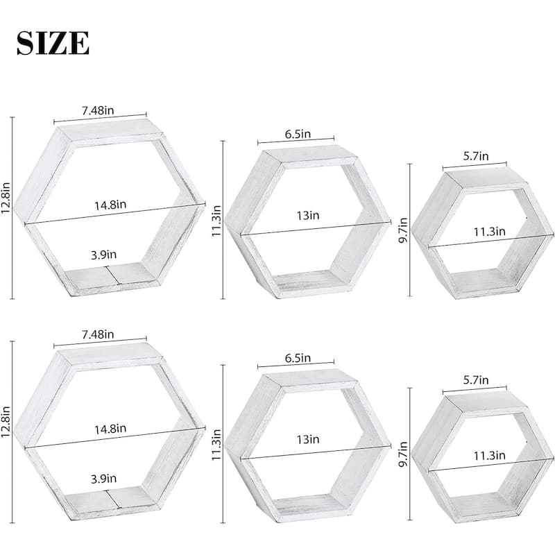 Set of 6 Wooden Hexagon Rustic Floating Shelves in Deep Natural Wood
