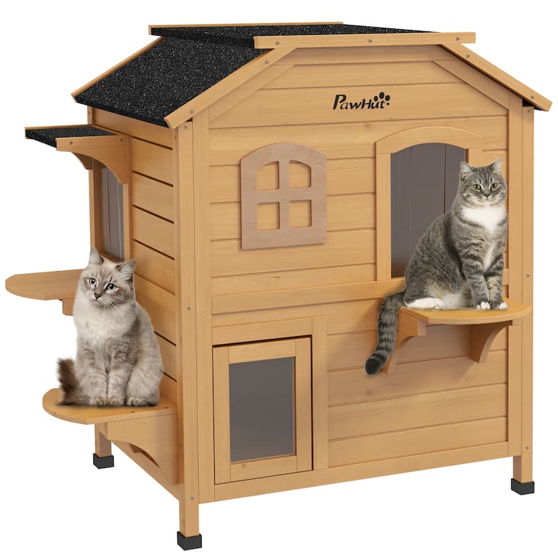 PawHut Fir Wood 2-Story Outdoor Cat House, Wooden Feral Cat Shelter with Openable Asphalt Roof for Indoor/Outdoor, White / Grey - Brown
