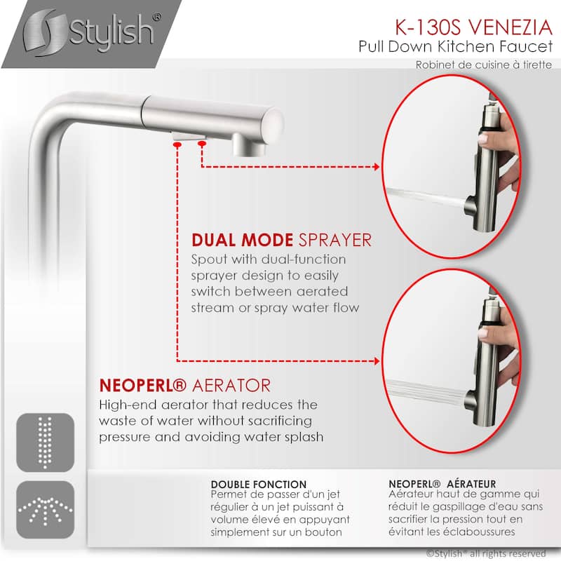 STYLISH Kitchen Sink Faucet Single Handle Pull Down Dual Mode in Stainless Steel - Faucet Height: 12 5/8" | Spout Height: 11"