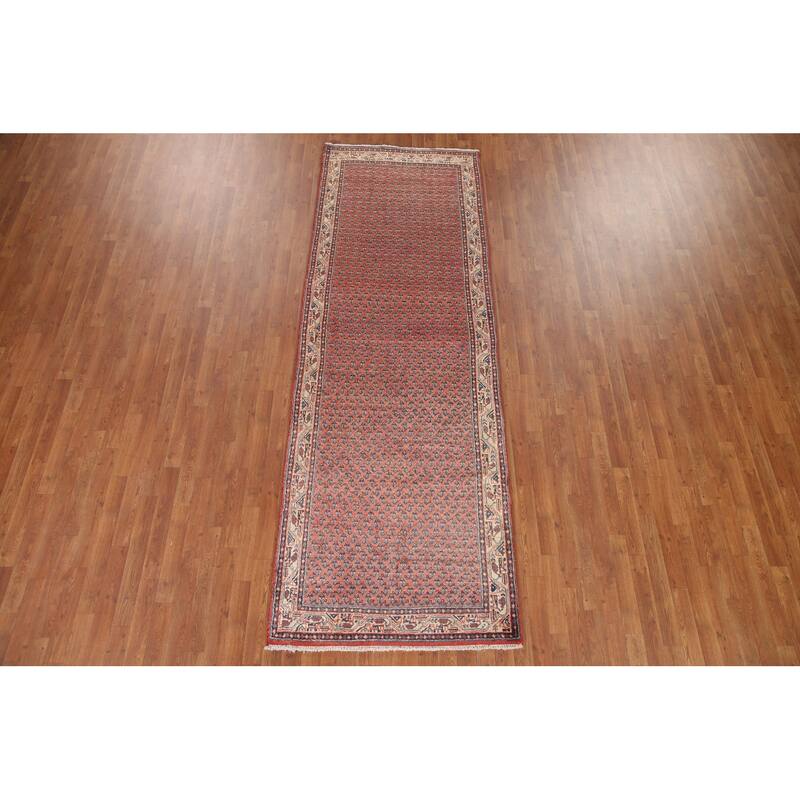 Hand Knotted Oriental 100% Wool Carpet Traditional All-Over Red Botemir Runner Rug - 10' 8'' X 3' 8''