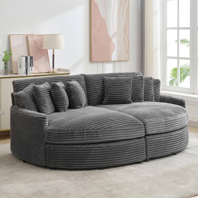 Oversized Fan-shaped Corduroy Couch, 2-piece Sectional Sofa with 4 & 8 Throw Pillows