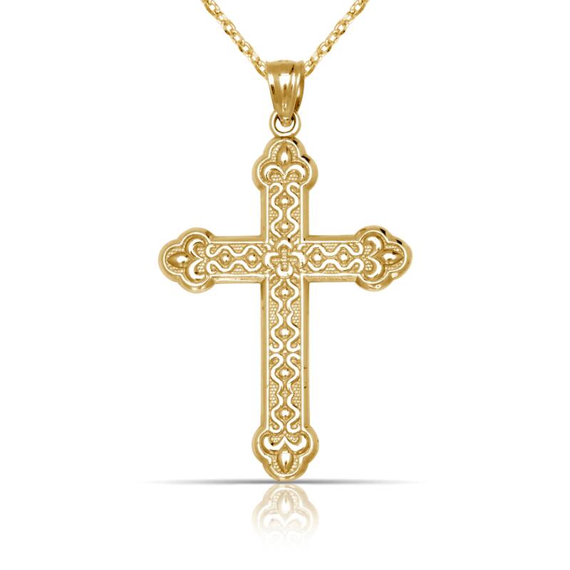 Curata 14K Yellow Gold 18" Large Ornate Budded Cross Pendant Necklace