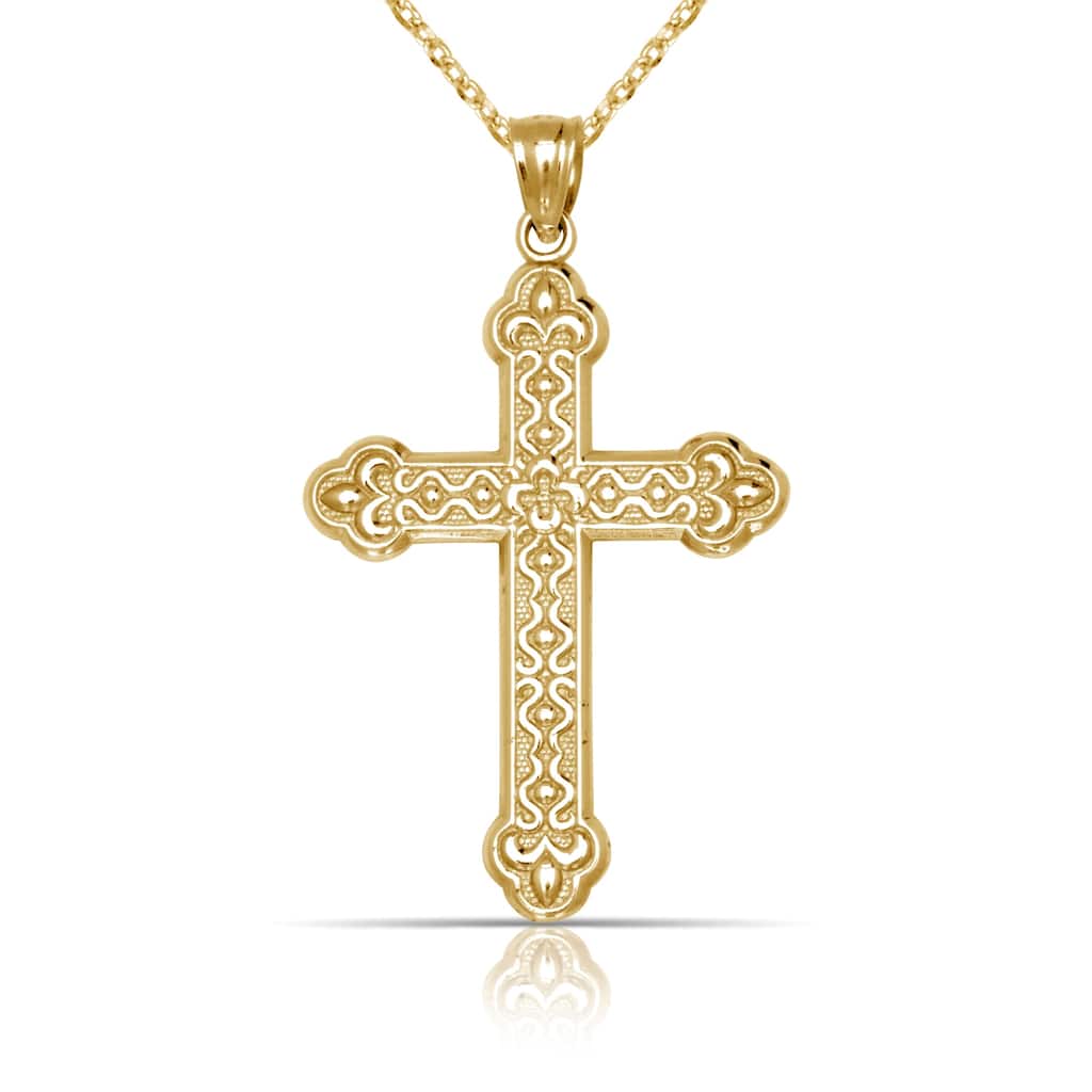 Curata 14K Yellow Gold 18" Large Ornate Budded Cross Pendant Necklace