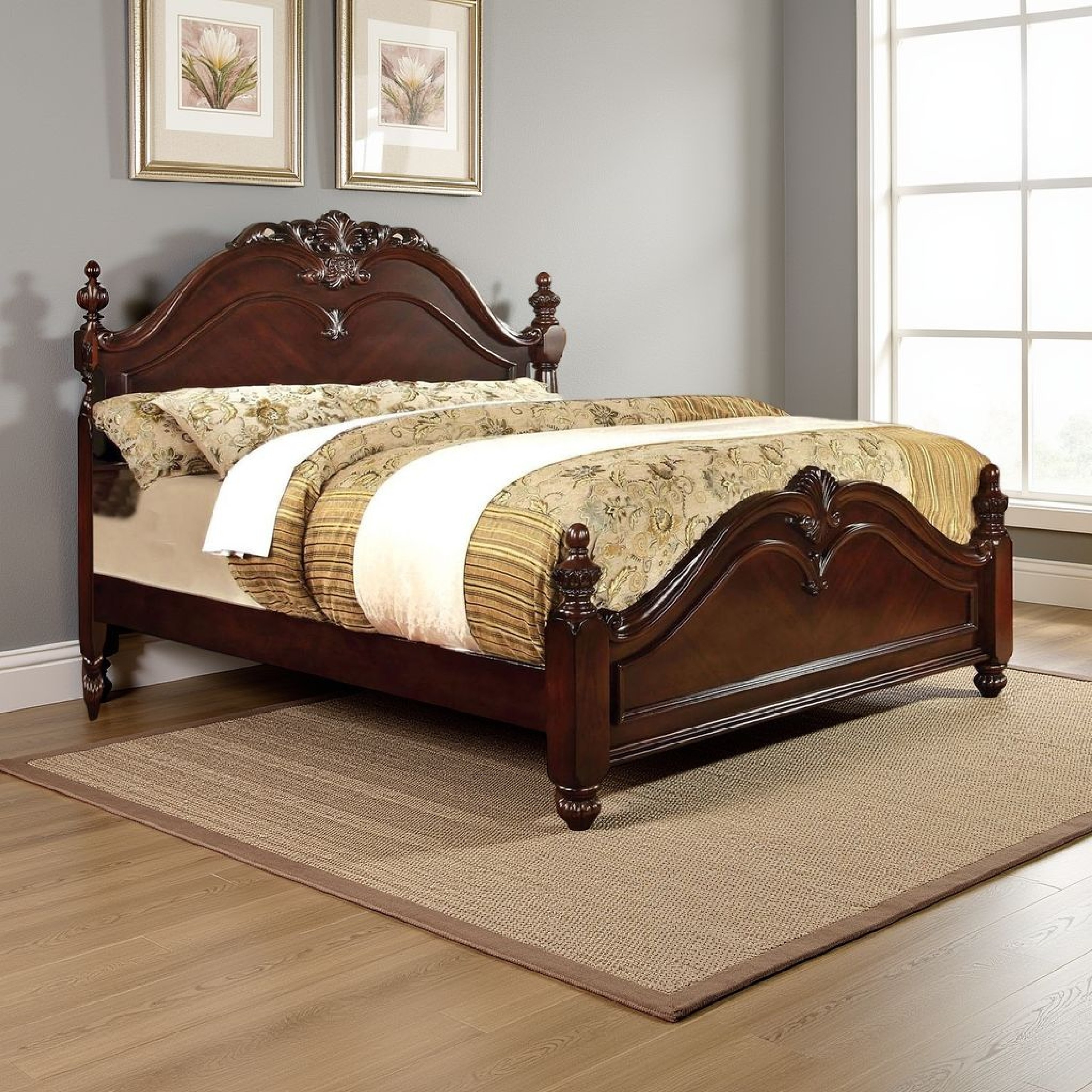 Baroque Style Wooden Queen Size Bed with Scalloped Top, Cherry Brown - Bed  Bath \u0026 Beyond - 32400475, image size:3000x3000