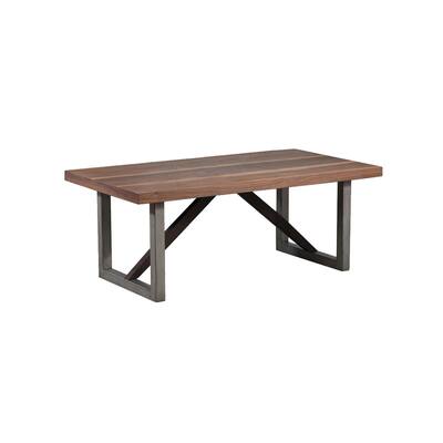 Wooden Frame Coffee Table with Sled Metal Base and Braces, Brown and Gray