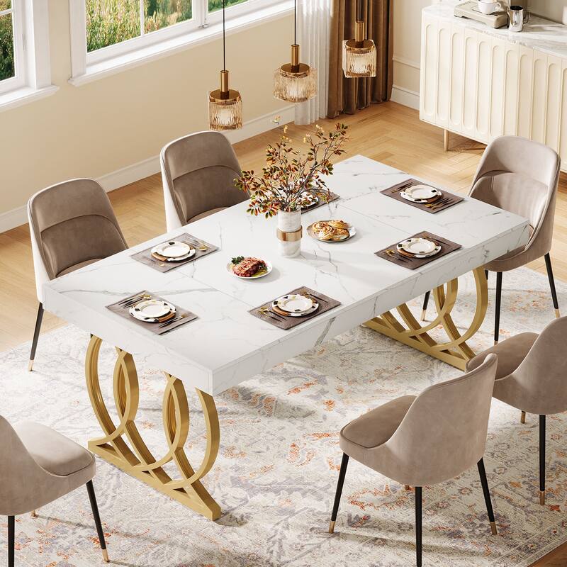 Modern Kitchen Table with Faux Marble Tabletop and Geometric Legs