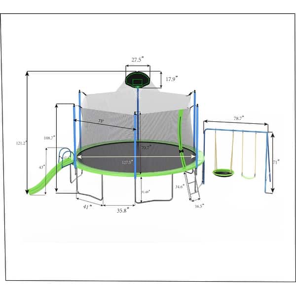 dimension image slide 0 of 2, 14/16FT Trampoline with Slide, Swings, Basketball Hoop, Safety Net